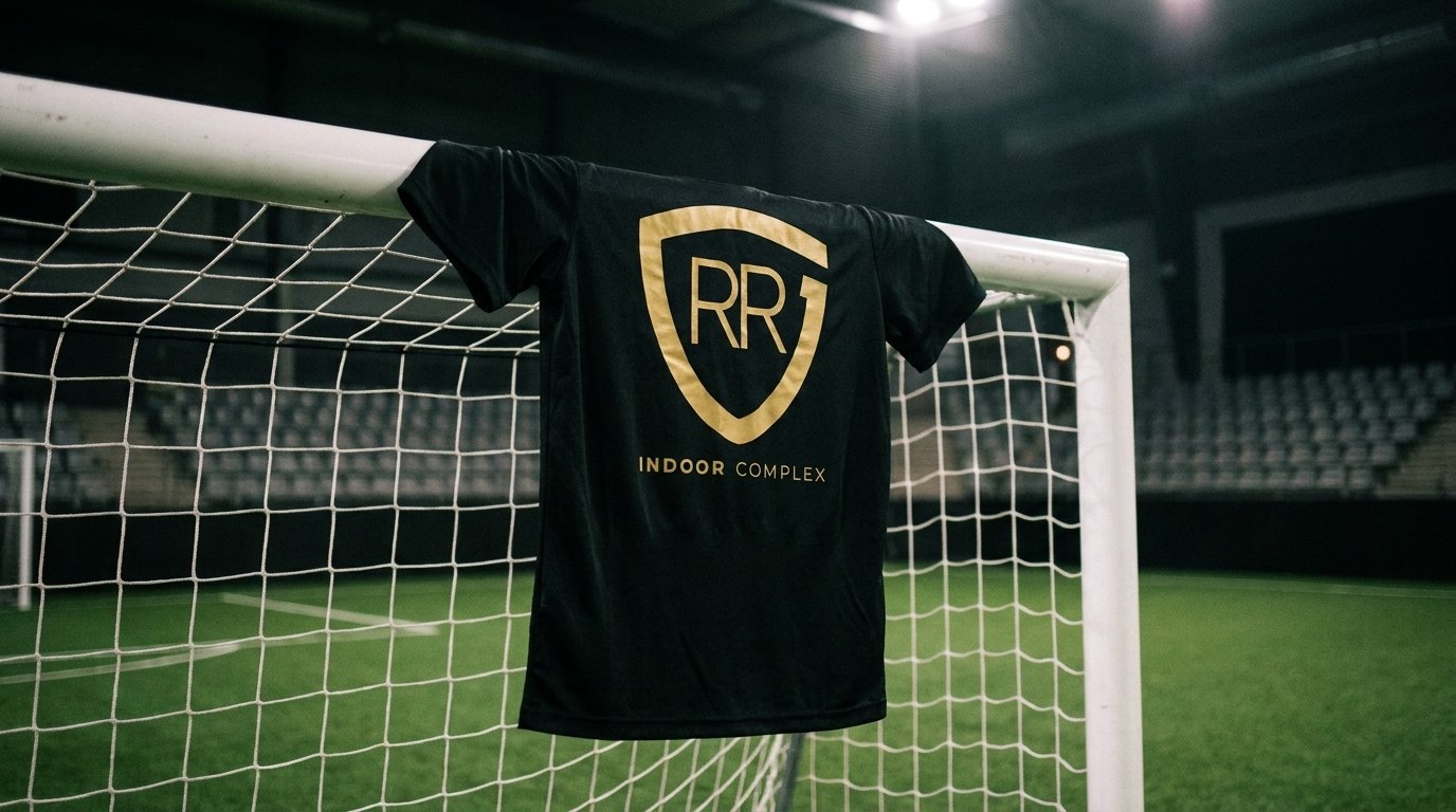 A black RR Indoor Complex jersey draped over the goal crossbar
