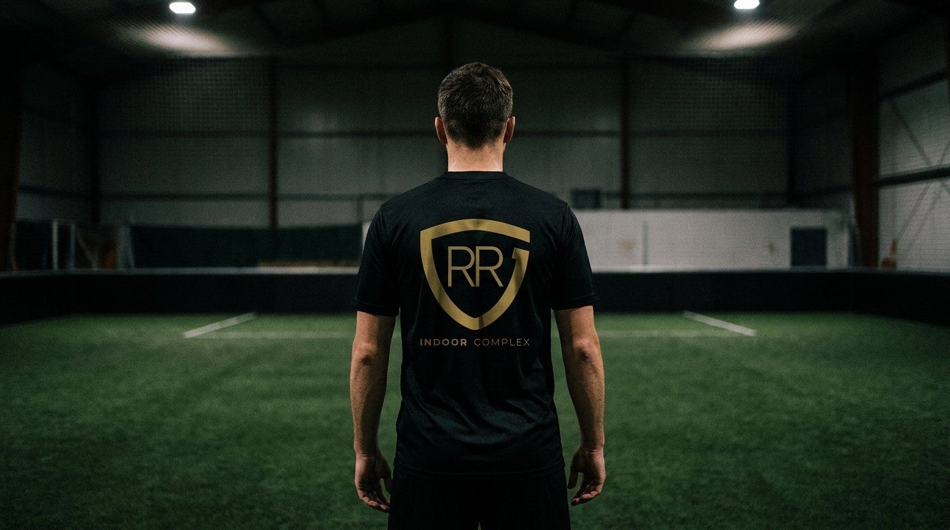 A player in a black RR Indoor Complex jersey facing the indoor field