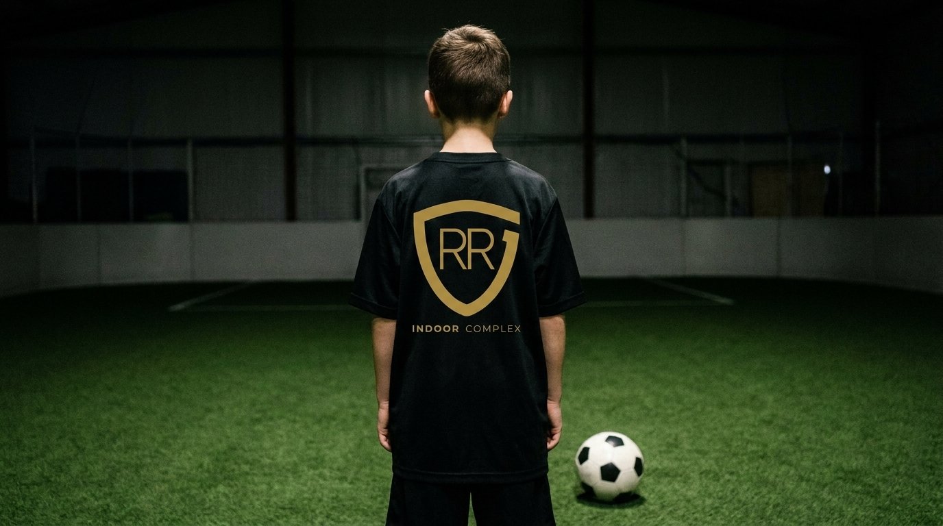 A young player in a black RR Indoor Complex jersey facing the indoor field