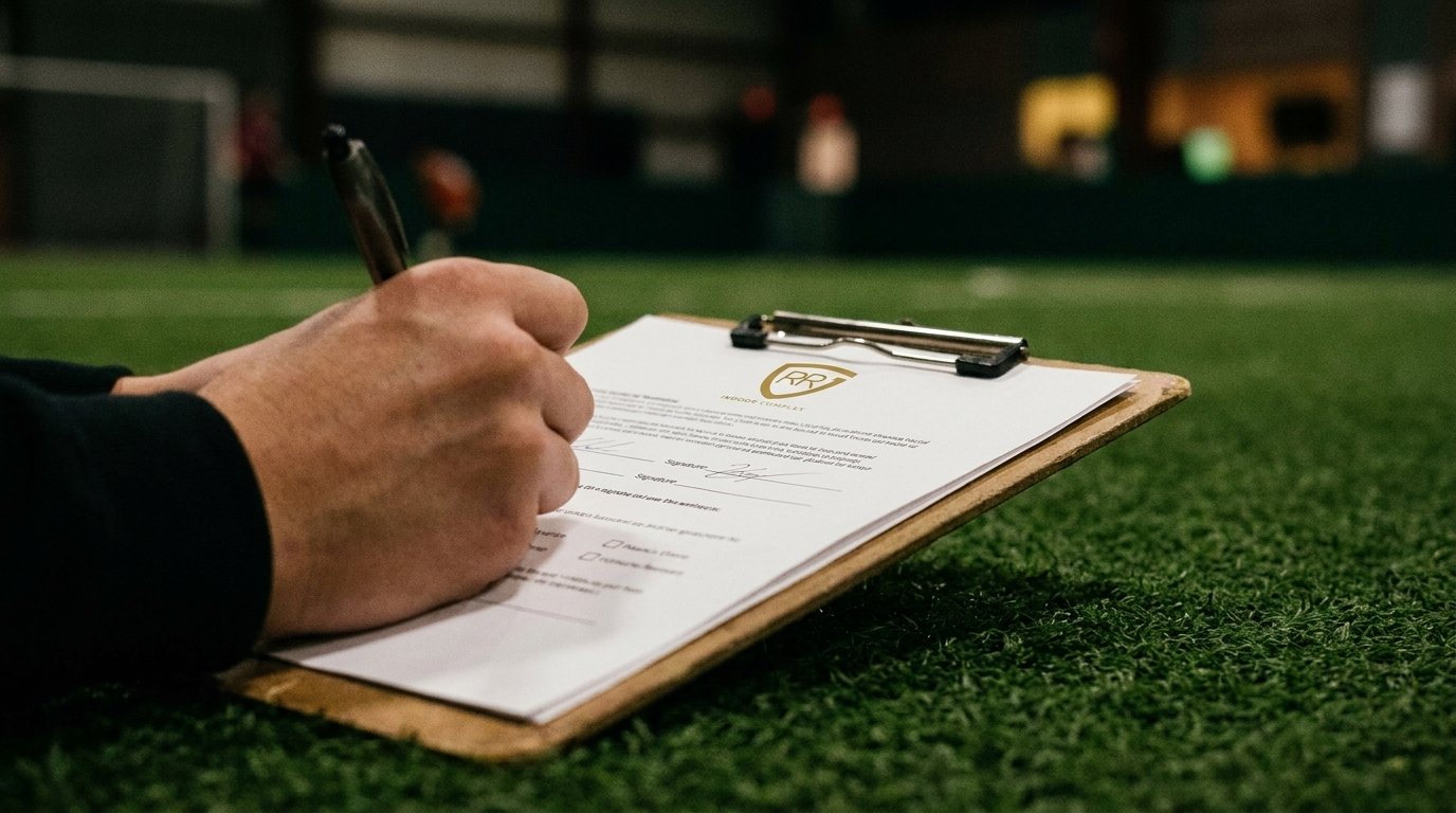 A hand signing an RR Indoor Complex registration form on a clipboard on the turf
