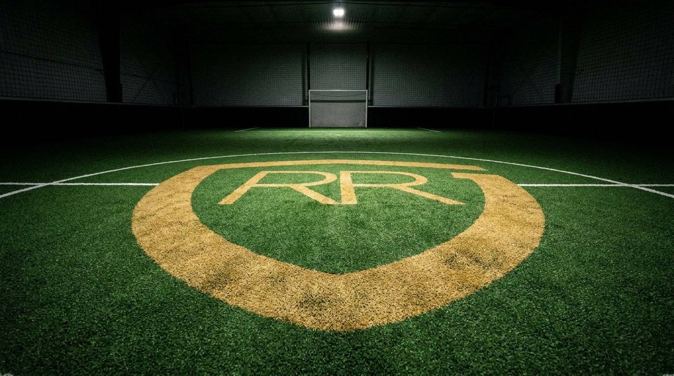The gold RR Indoor Complex crest painted on the indoor turf