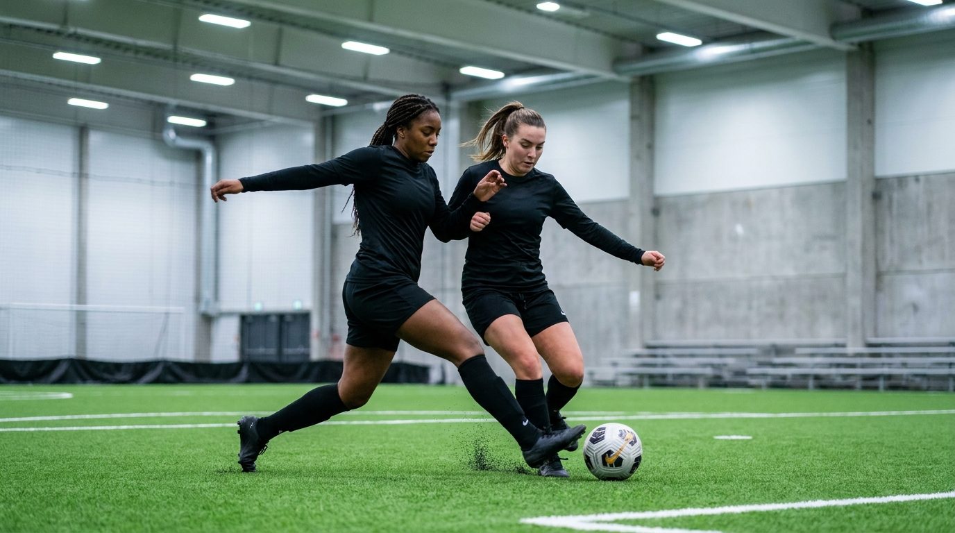 Two women competing for the ball on the indoor turf