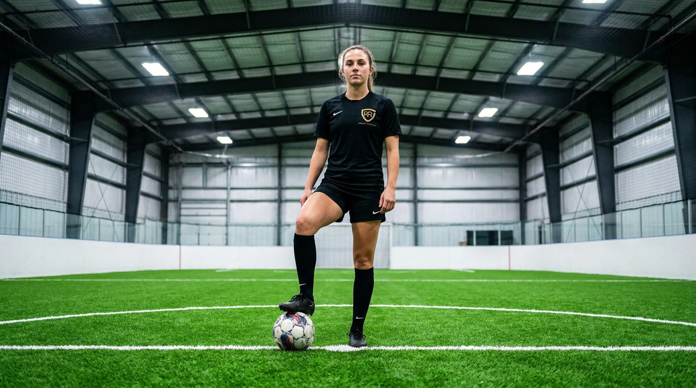 A woman in a black RR Indoor Complex jersey on the indoor turf