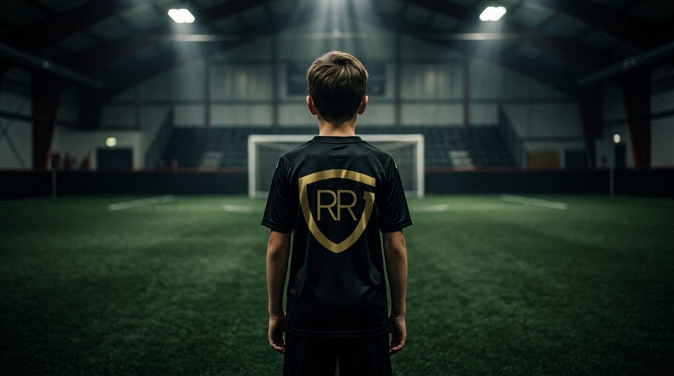 A young player facing the goal on the indoor turf, the gold RR crest on the back of his jersey
