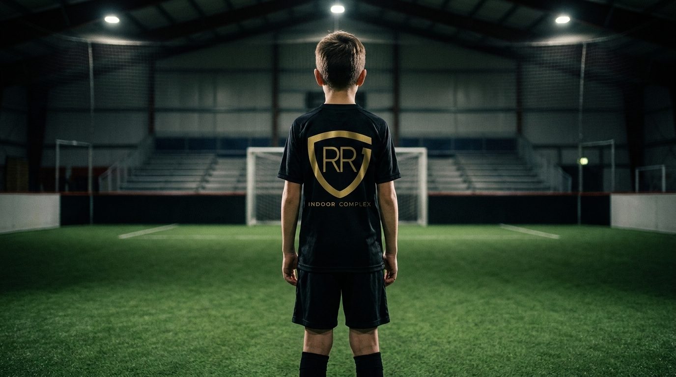 A young player seen from behind, centered on the indoor turf, wearing a black jersey with the gold RR Indoor Complex crest on the back
